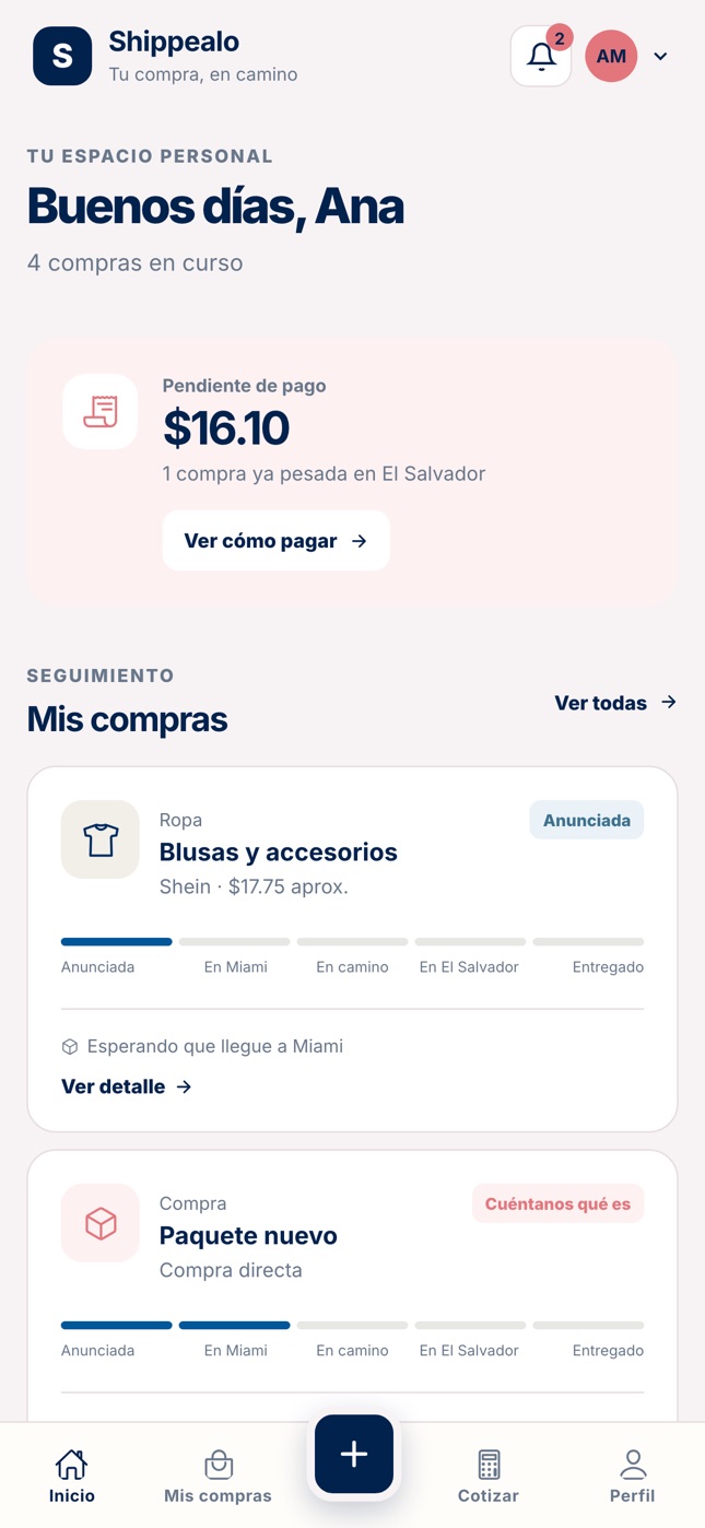 Inicio de la app de Shippealo con tus compras en curso y el total pendiente
